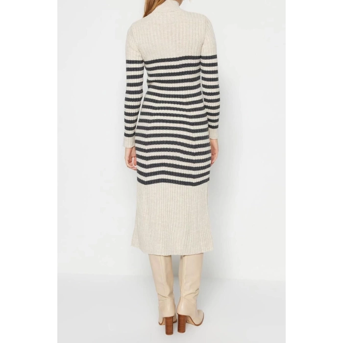 New Slim Casual Daily Ribbed Knitwear Stand Collar Long Sleeve A-Line Maxi Length Dress