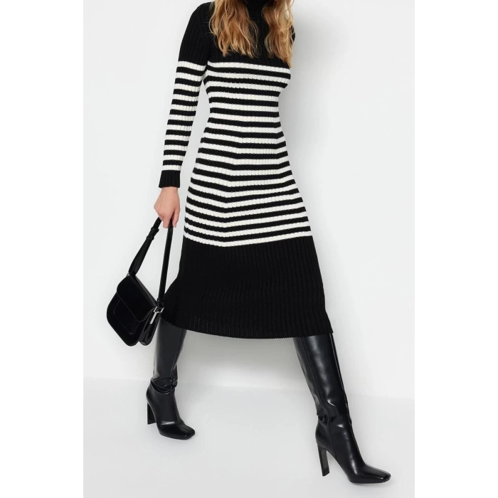 New Slim Casual Daily Ribbed Knitwear Stand Collar Long Sleeve A-Line Maxi Length Dress