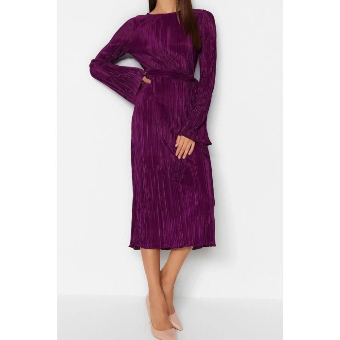New Regular Day Night Pleated Knitted Boat Neck Long Sleeve A-Line Midi Length Dress