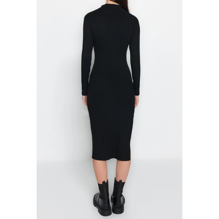 New Slim Casual Daily Polyviscose Camisole Knitted Stand Collar Long Sleeve Bodycon Midi Length Dress