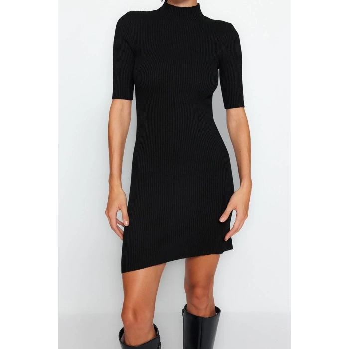 New Fit Casual Daily Single Plate Knitwear Stand Collar Short Sleeve Shift Mini Length Dress