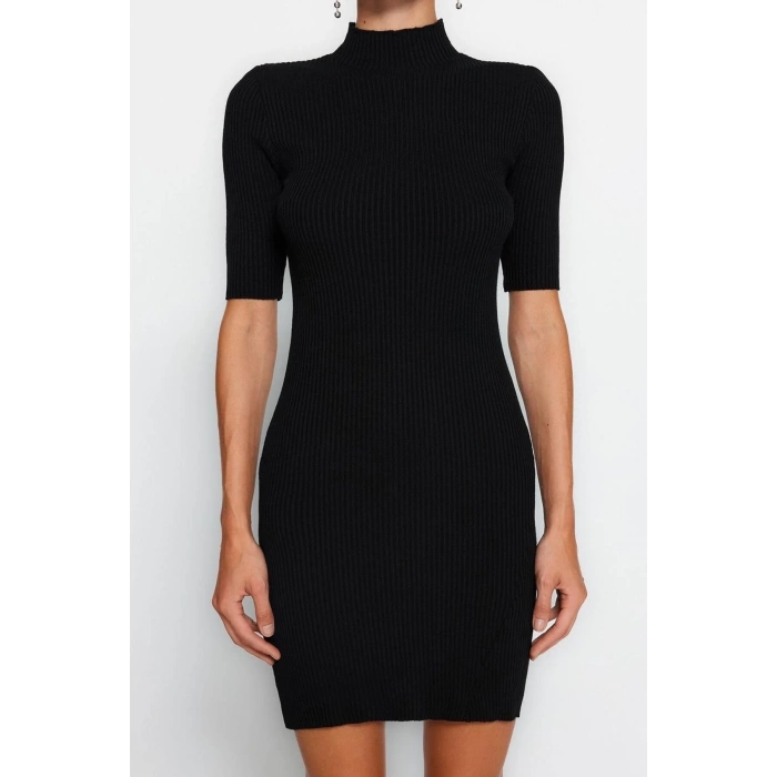 New Fit Casual Daily Single Plate Knitwear Stand Collar Short Sleeve Shift Mini Length Dress