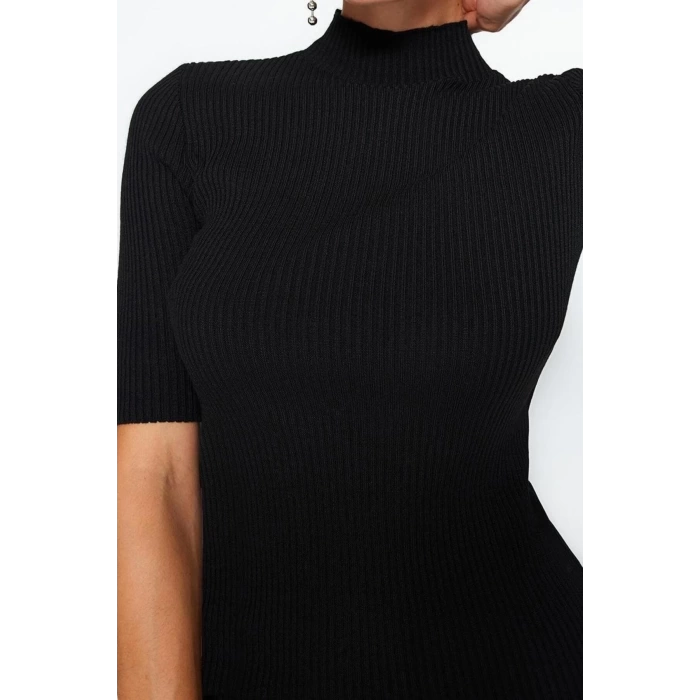 New Fit Casual Daily Single Plate Knitwear Stand Collar Short Sleeve Shift Mini Length Dress