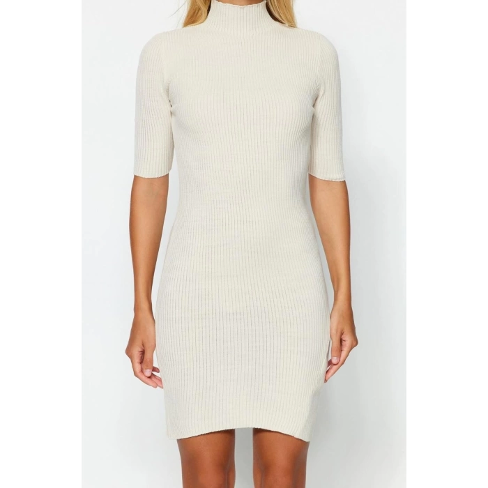 New Fit Casual Daily Single Plate Knitwear Stand Collar Short Sleeve Shift Mini Length Dress