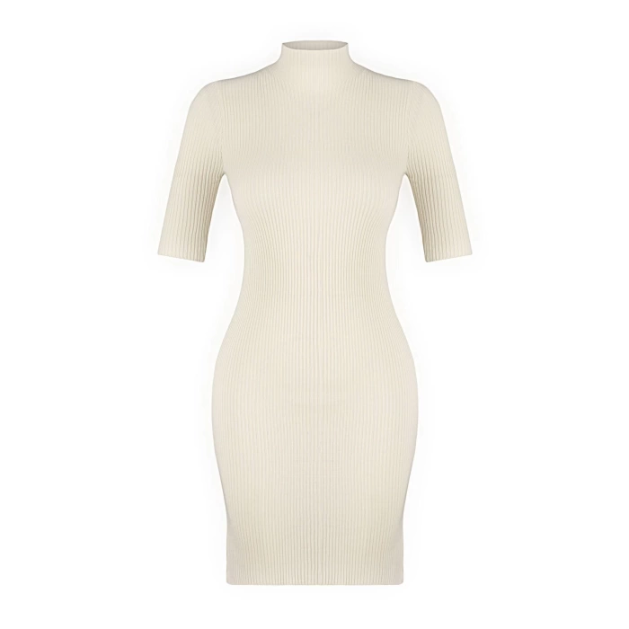 New Fit Casual Daily Single Plate Knitwear Stand Collar Short Sleeve Shift Mini Length Dress