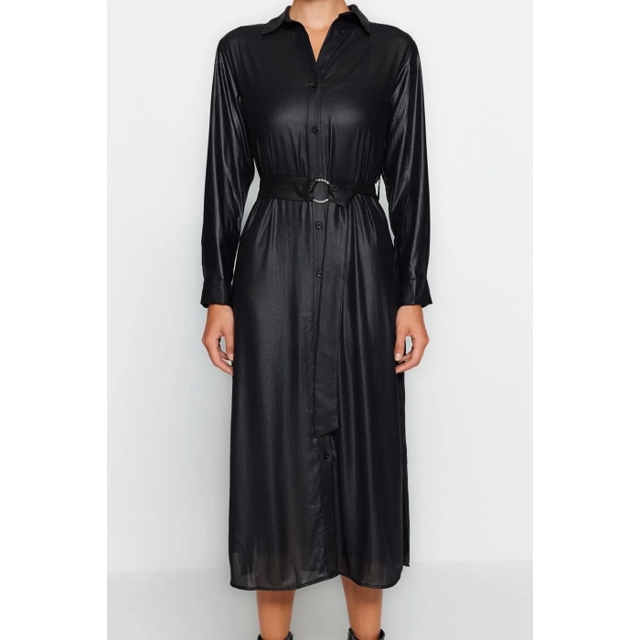 New Regular Day Night Chiffon Woven Shirt Collar Long Sleeve Shirt Dress Midi Length Dress