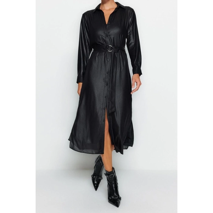New Regular Day Night Chiffon Woven Shirt Collar Long Sleeve Shirt Dress Midi Length Dress