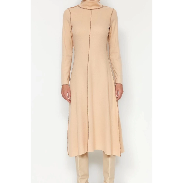 New Regular Casual Daily Selanik Knitted Stand Collar Long Sleeve A-Line Midi Length Dress