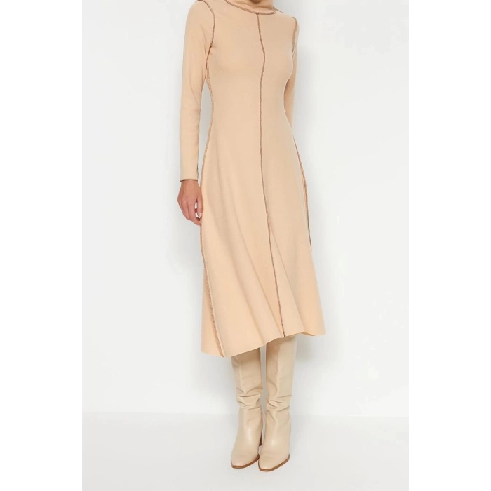 New Regular Casual Daily Selanik Knitted Stand Collar Long Sleeve A-Line Midi Length Dress