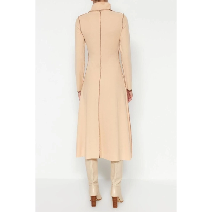 New Regular Casual Daily Selanik Knitted Stand Collar Long Sleeve A-Line Midi Length Dress
