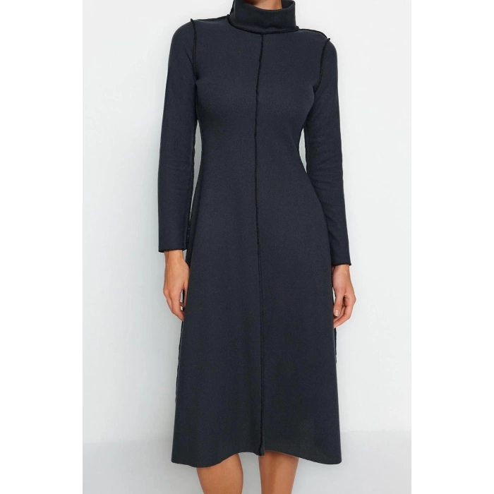 New Regular Casual Daily Selanik Knitted Stand Collar Long Sleeve A-Line Midi Length Dress