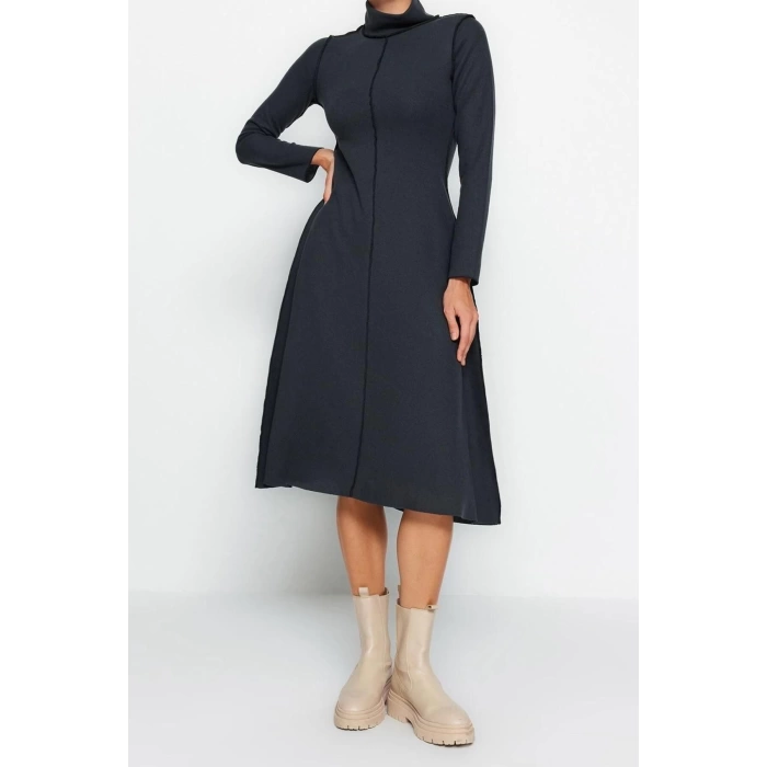 New Regular Casual Daily Selanik Knitted Stand Collar Long Sleeve A-Line Midi Length Dress