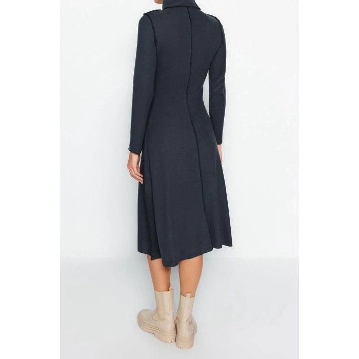 New Regular Casual Daily Selanik Knitted Stand Collar Long Sleeve A-Line Midi Length Dress