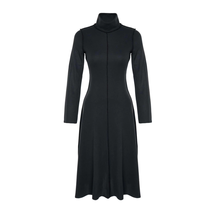 New Regular Casual Daily Selanik Knitted Stand Collar Long Sleeve A-Line Midi Length Dress