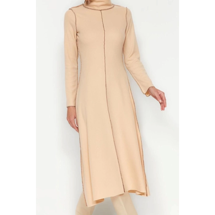 New Regular Casual Daily Selanik Knitted Stand Collar Long Sleeve A-Line Midi Length Dress