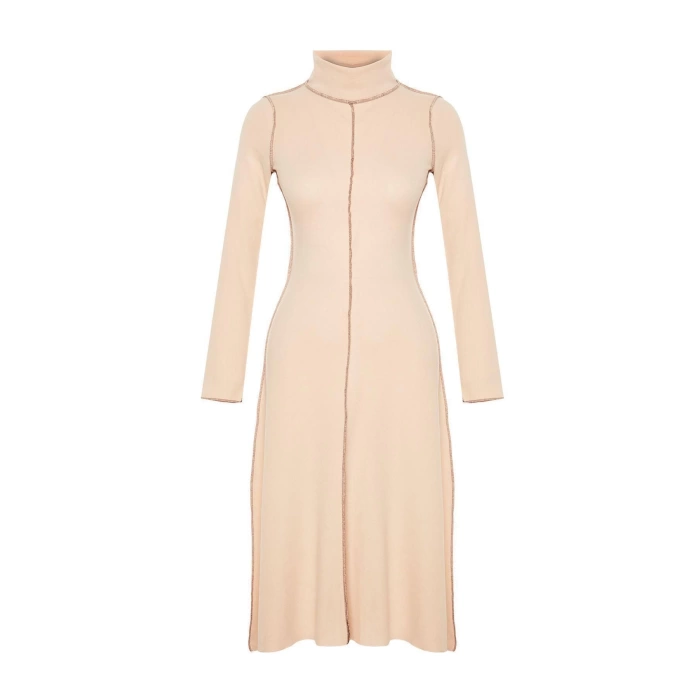 New Regular Casual Daily Selanik Knitted Stand Collar Long Sleeve A-Line Midi Length Dress