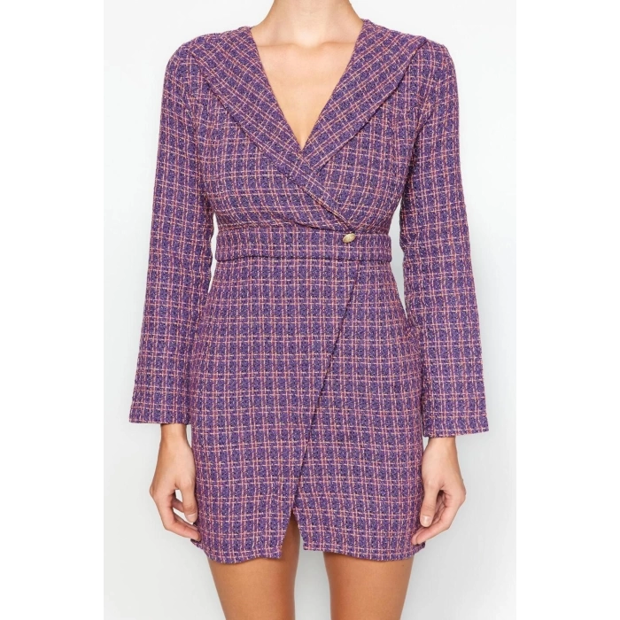 New Regular Business Tweed Woven Jacket Collar Long Sleeve Jacket Dress Mini Length Dress