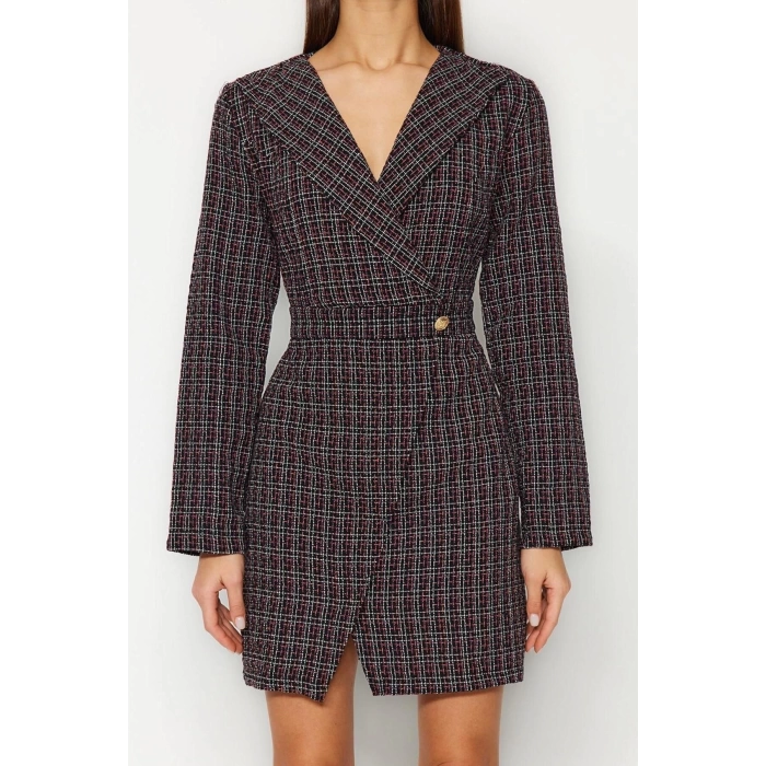 New Regular Business Tweed Woven Jacket Collar Long Sleeve Jacket Dress Mini Length Dress