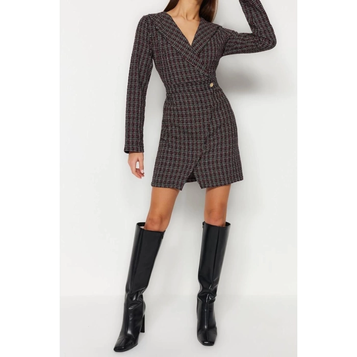 New Regular Business Tweed Woven Jacket Collar Long Sleeve Jacket Dress Mini Length Dress