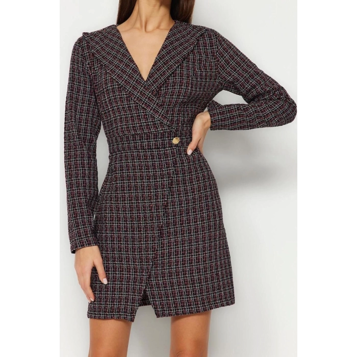New Regular Business Tweed Woven Jacket Collar Long Sleeve Jacket Dress Mini Length Dress