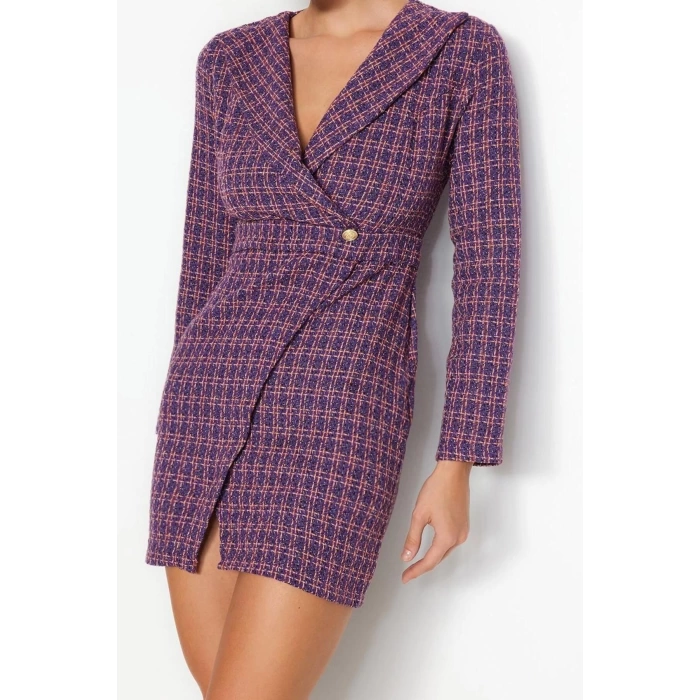 New Regular Business Tweed Woven Jacket Collar Long Sleeve Jacket Dress Mini Length Dress