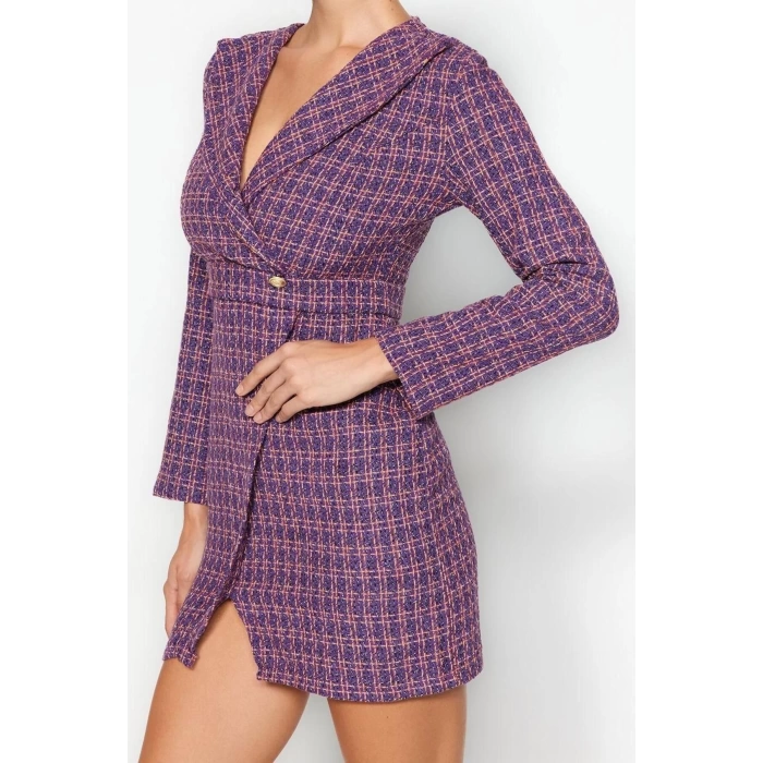 New Regular Business Tweed Woven Jacket Collar Long Sleeve Jacket Dress Mini Length Dress