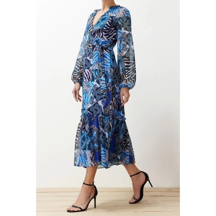 New Regular Day Night Chiffon Woven V Neck Long Sleeve A-Line Midi Length Dress