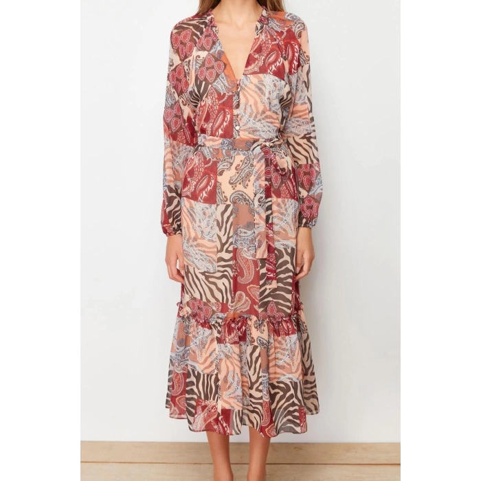 New Regular Day Night Chiffon Woven V Neck Long Sleeve A-Line Midi Length Dress