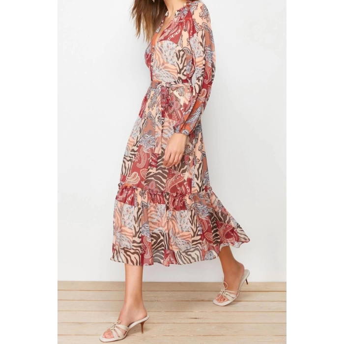 New Regular Day Night Chiffon Woven V Neck Long Sleeve A-Line Midi Length Dress