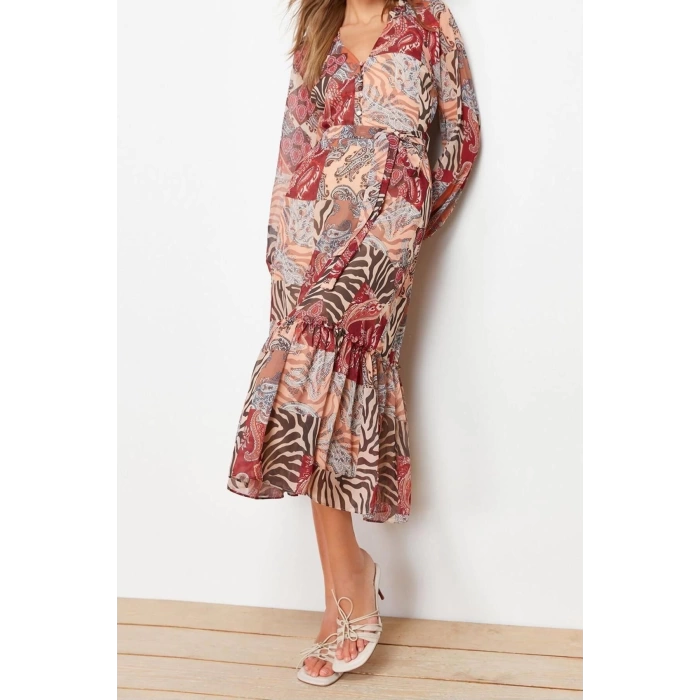 New Regular Day Night Chiffon Woven V Neck Long Sleeve A-Line Midi Length Dress