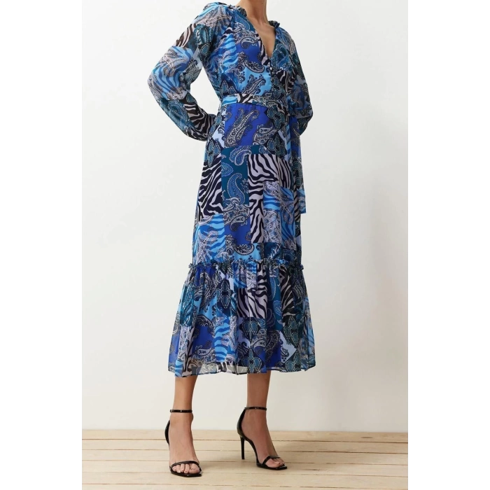 New Regular Day Night Chiffon Woven V Neck Long Sleeve A-Line Midi Length Dress