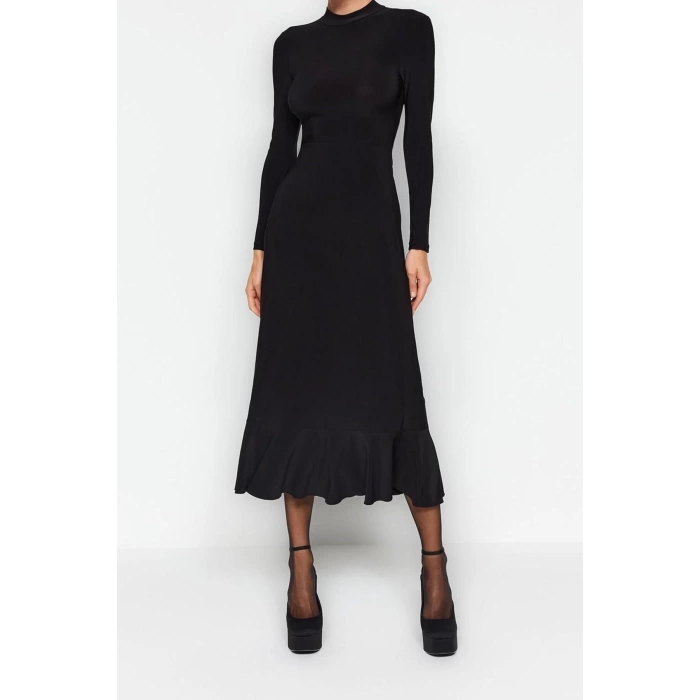 New Slim Day Night Thick Sandy Knitted Stand Collar Long Sleeve Ruffle Skirt Maxi Length Dress