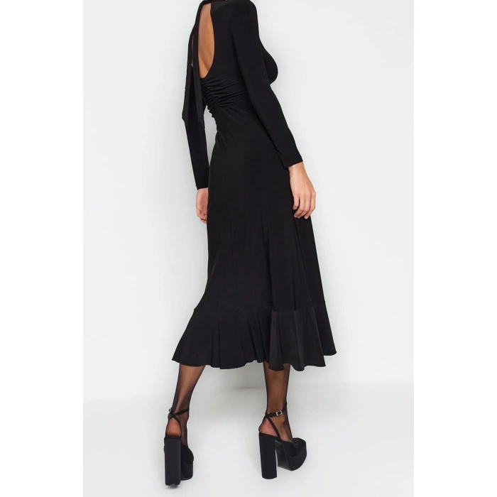 New Slim Day Night Thick Sandy Knitted Stand Collar Long Sleeve Ruffle Skirt Maxi Length Dress