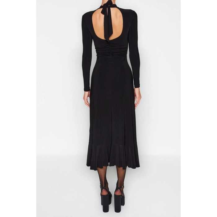 New Slim Day Night Thick Sandy Knitted Stand Collar Long Sleeve Ruffle Skirt Maxi Length Dress