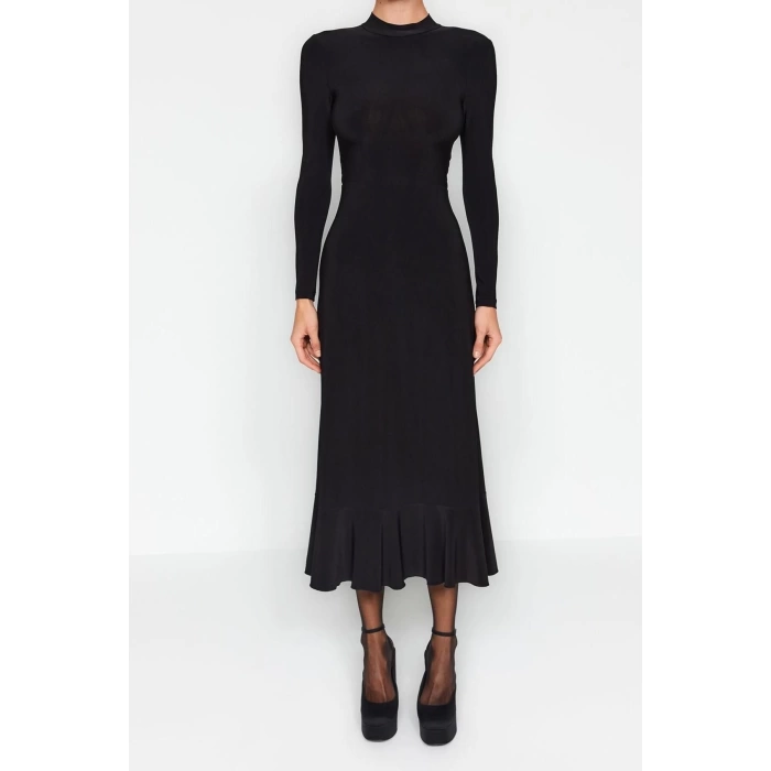New Slim Day Night Thick Sandy Knitted Stand Collar Long Sleeve Ruffle Skirt Maxi Length Dress