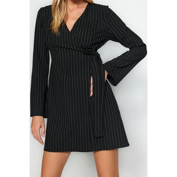 New Regular Day Night Finike Woven Double Breasted Long Sleeve Double Breasted Mini Length Dress