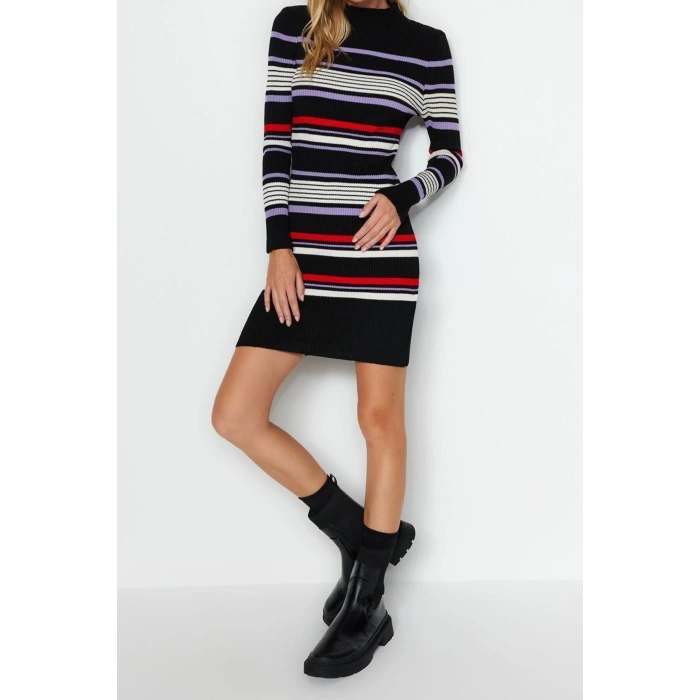 New Regular Casual Daily Double Plate Knitwear Stand Collar Long Sleeve Shift Mini Length Dress