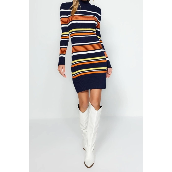 New Regular Casual Daily Double Plate Knitwear Stand Collar Long Sleeve Shift Mini Length Dress