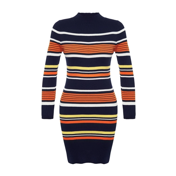 New Regular Casual Daily Double Plate Knitwear Stand Collar Long Sleeve Shift Mini Length Dress