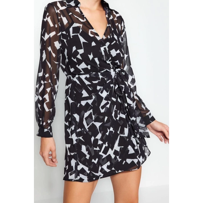 New Regular Day Night Chiffon Woven Shirt Collar Long Sleeve Double Breasted Mini Dress