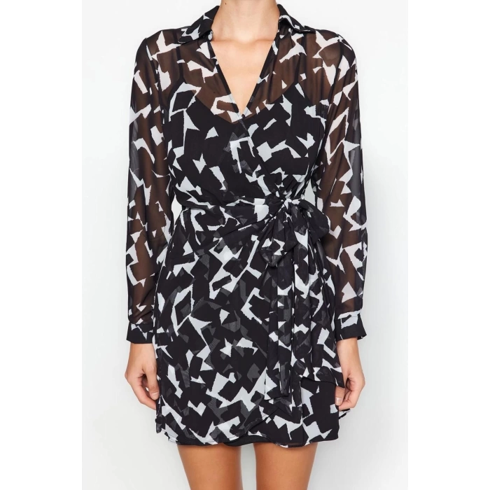 New Regular Day Night Chiffon Woven Shirt Collar Long Sleeve Double Breasted Mini Dress