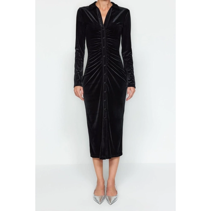 New Slim Casual Daily Velvet Knitted Polo Neck Long Sleeve Bodycone Midi Length Dress