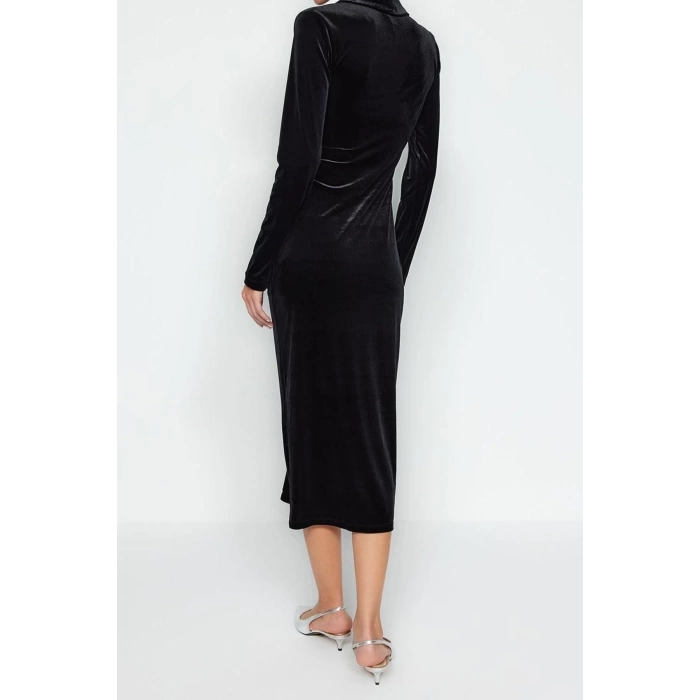 New Slim Casual Daily Velvet Knitted Polo Neck Long Sleeve Bodycone Midi Length Dress