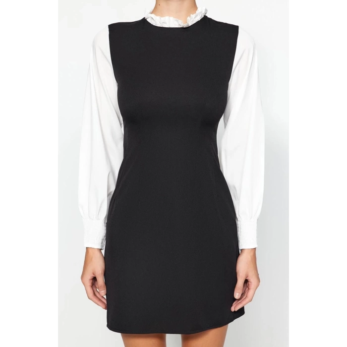 New Regular Business Finike Woven Stand Collar Long Sleeve A-Line Mini Length Dress