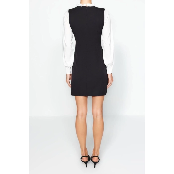 New Regular Business Finike Woven Stand Collar Long Sleeve A-Line Mini Length Dress