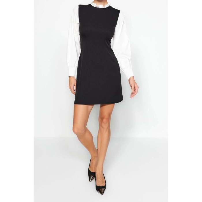 New Regular Business Finike Woven Stand Collar Long Sleeve A-Line Mini Length Dress