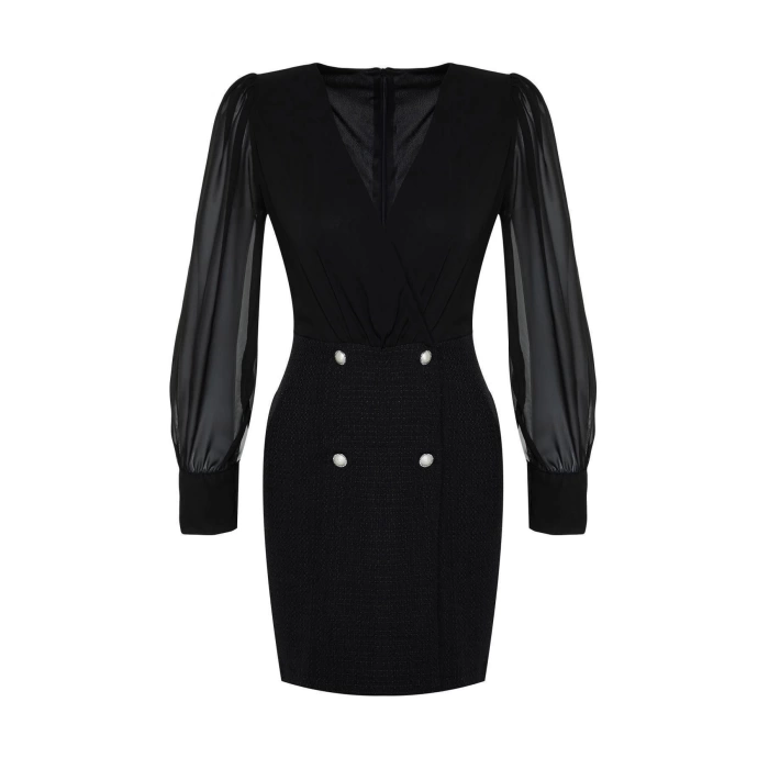 New Regular Business Tweed Woven V Neck Long Sleeve Jacket Dress Mini Length Dress