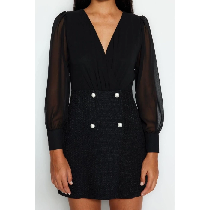 New Regular Business Tweed Woven V Neck Long Sleeve Jacket Dress Mini Length Dress