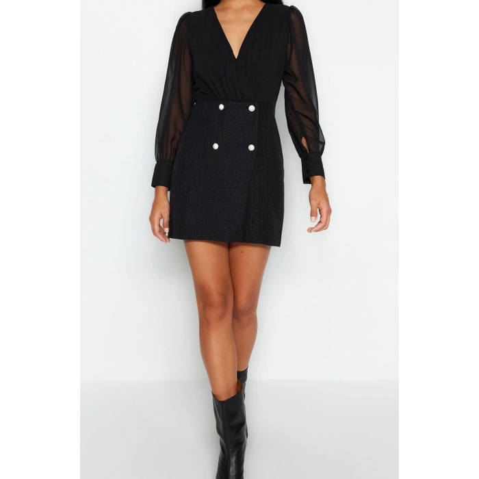 New Regular Business Tweed Woven V Neck Long Sleeve Jacket Dress Mini Length Dress