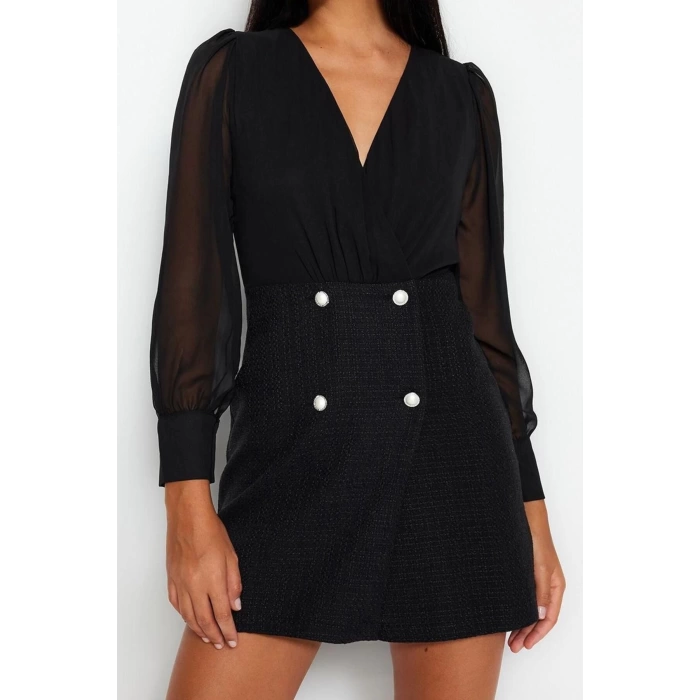 New Regular Business Tweed Woven V Neck Long Sleeve Jacket Dress Mini Length Dress